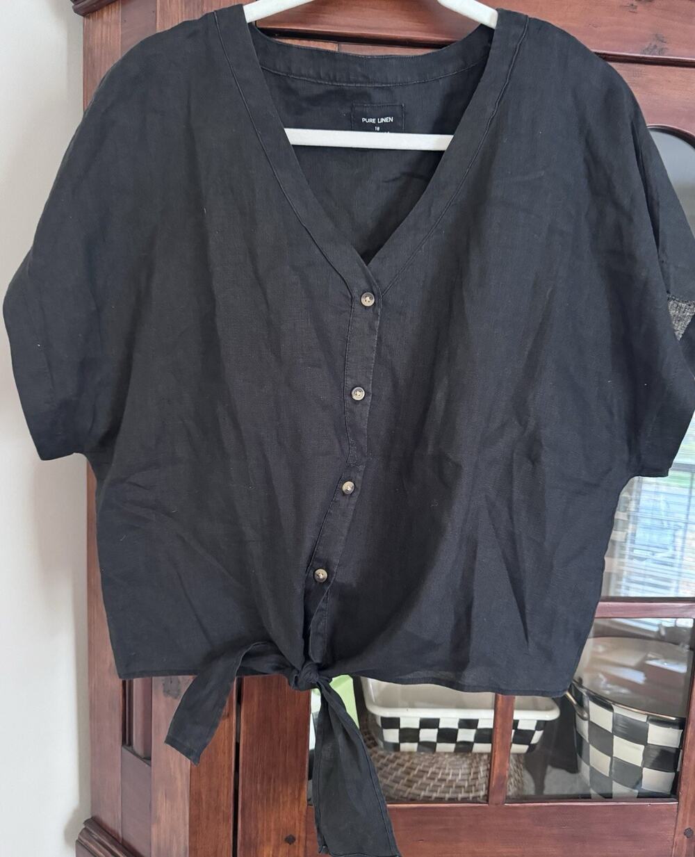 M&S COLLECTION Mark & Spencer Pure Linen Tie Front Top Black Size US 16